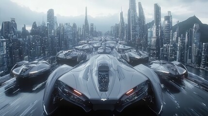 Futuristic Cityscape with Sports Cars Driving on Highway