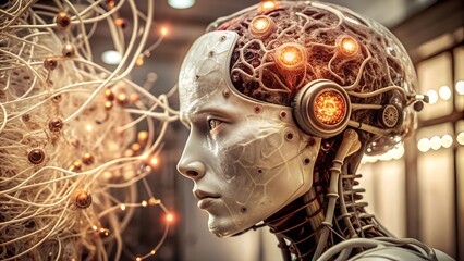 Artificial intelligence, neural network. Connected dots. 