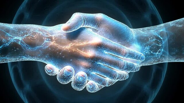 Two hands meet in an electrifying display, symbolizing connection and partnership against a dark background.