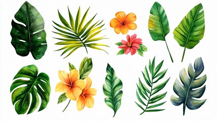 Obraz premium Tropical Watercolor Collection: A vibrant and versatile set of watercolor tropical leaves and flowers, perfect for adding a touch of paradise to your designs. 