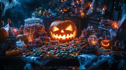 Obraz premium A table covered with Halloween candy, surrounded by spooky decorations and a glowing jack-o'-lantern.