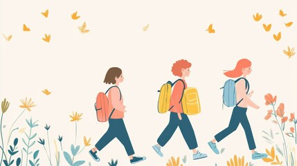 Fototapeta premium Three children walking with backpacks and flowers in the background, AI