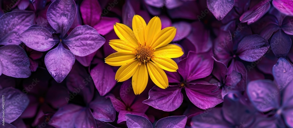 Sticker be unique single yellow flower surrounded by violet flowers