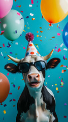 Party animal! Colorful photp of funny, happy cow on aqua background. Ballons, confetti, happy mood....