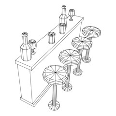 Bar counter with stools, bar top with bottles and glasses. Wireframe low poly mesh vector illustration.