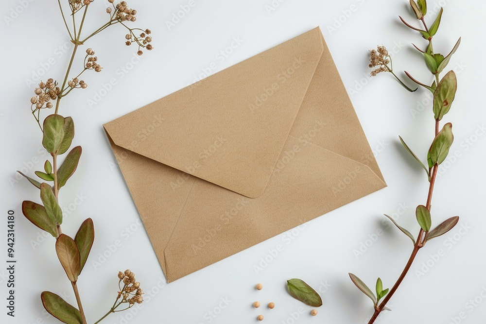 Aufkleber a simple scene of a brown envelope resting on a clean white table