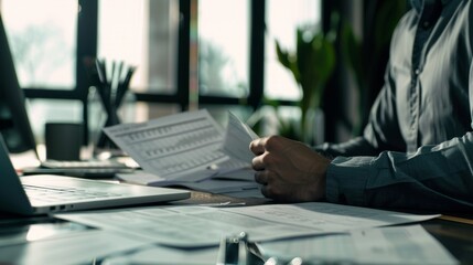 Accountant, side view, with balance sheets on table in office generative ai
