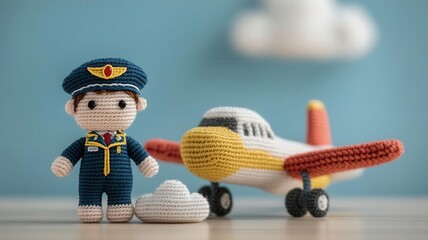 Obraz premium Adorable crochet amigurumi pilot in a tiny uniform with a pilot's cap, standing next to a crochet airplane and clouds, pilot amigurumi, aviation occupation crochet