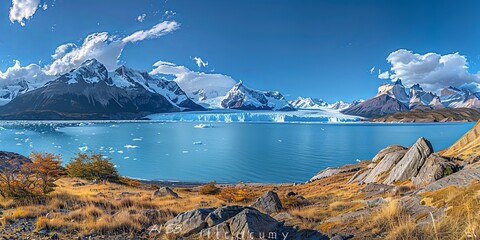 panoramic view of Glacier in Patagonia, Chile, the serene, icebergs floating, blue waters reflecting the towering glacier and surrounding rugged mountains under a bright