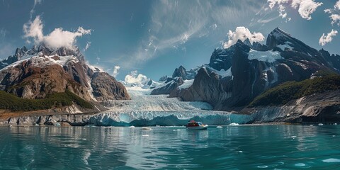 panoramic view of Glacier in Patagonia, Chile, the serene, icebergs floating, blue waters reflecting the towering glacier and surrounding rugged mountains under a bright