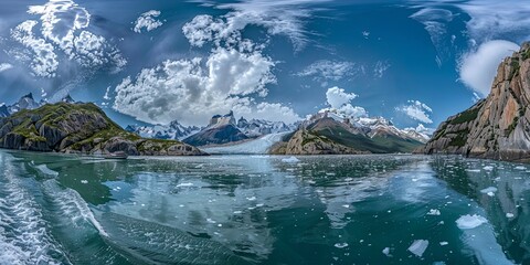 panoramic view of Glacier in Patagonia, Chile, the serene, icebergs floating, blue waters reflecting the towering glacier and surrounding rugged mountains under a bright