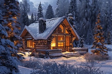 Fototapeta premium Experience the tranquility and mesmerizing charm of a Winter Wonderland Cabin Retreat, surrounded by a serene forest, snowy landscape, and a cozy fireplace, perfect for a peaceful escape