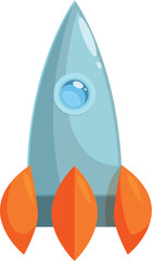 Cartoon rocket ship flying up in the air, with fire blasting from its engine