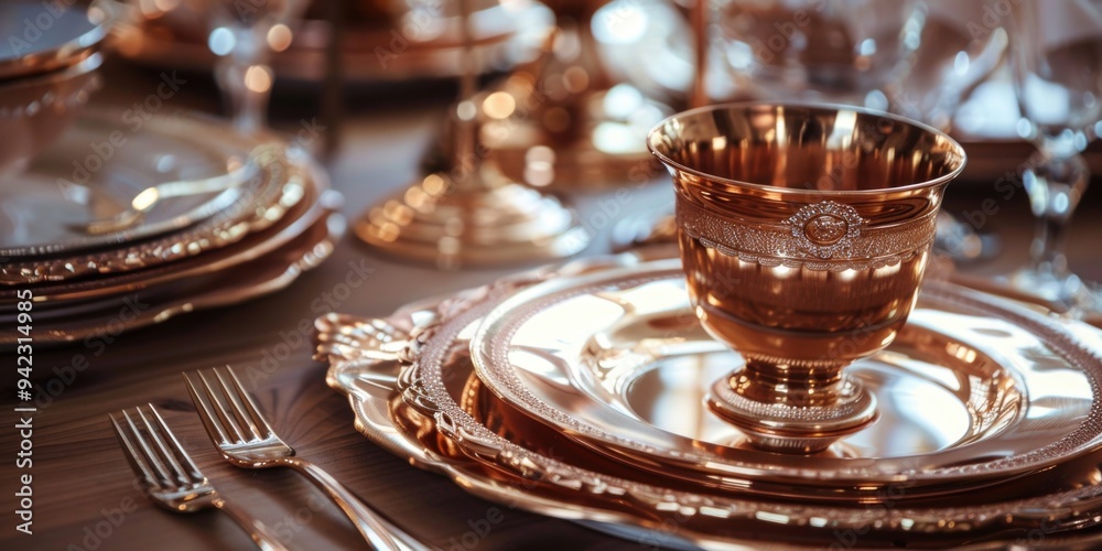 Poster luxurious dinner setting with gold goblet and silver plates on a table