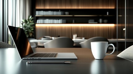 Modern Office Desk with Laptop  Coffee Mug  and Minimalist Decor