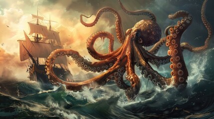 Obraz premium The mystical Kraken is illustrated with carefully spaced images