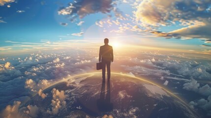 Businessman on top of the world, holding a briefcase generative ai