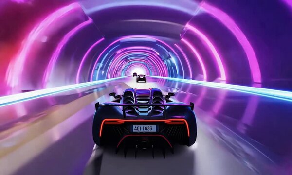 Experience high-speed racing through a vibrant neon tunnel with dynamic lights and futuristic design in this exhilarating journey. Generative AI