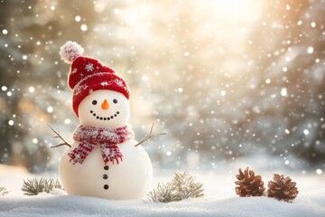 Cheerful snowman in a winter landscape celebrating Christmas and New Year with a festive atmosphere and snowy background