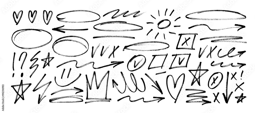 Poster crayon drawn doodle shapes, check marks, crown and arrows collection. hand drawn oval shapes and scr