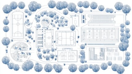 Blueprint of a Sports Complex with Trees and Playground