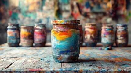 Colorful Paint Jars on a Wooden Table
