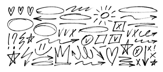 Crayon drawn doodle shapes, check marks, crown and arrows collection. Hand drawn oval shapes and scribble crayon. Punk girly style vector doodle icons set. Graphic elements for notes.