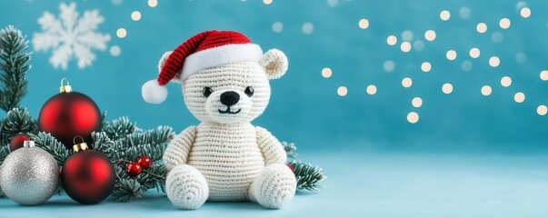 Fototapeta premium Adorable amigurumi crochet polar bear with a Santa hat, surrounded by snowy Christmas decor and holiday ornaments, polar bear amigurumi, winter crochet craft