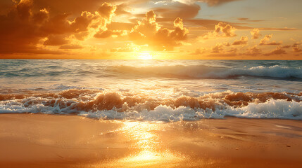 Fototapeta premium Orange and golden sunset sky, soft sand, calmness, relaxing sunlight, summer mood