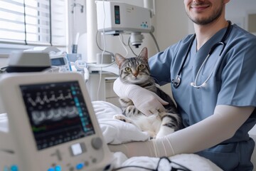 Cat undergoing ultrasound examination. Vet in clinic performs ultrasound on cat.