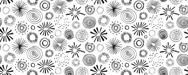 Doodle sunburst, spirals and fireworks seamless pattern. Crayon drawn funky sunburst, circular shapes.