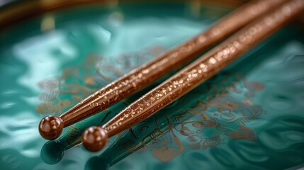 Aerial perspective of drumsticks resting on a drum set in a music studio with neon green lighting. Closeup of a drummers set for recording during a concert or talent showcase