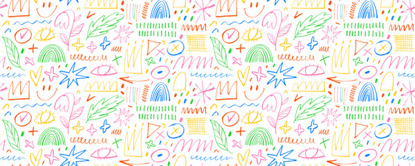 Multi colored seamless pattern with various pencil-drawn shapes and lines. Childish girly style colorful background.