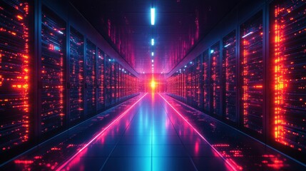 Fototapeta premium Futuristic Server Room With Neon Lights Data Center Technology