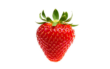 A close-up of a fresh strawberry, with its vibrant red color and white seeds, set against a white background.