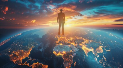 Obraz premium Businessman on top of the world with city skyline generative ai
