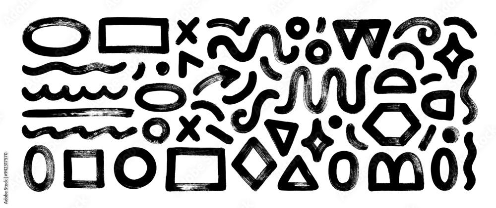 Poster collection of naive playful doodle shapes for collages. grunge style geometric figures drawn with br