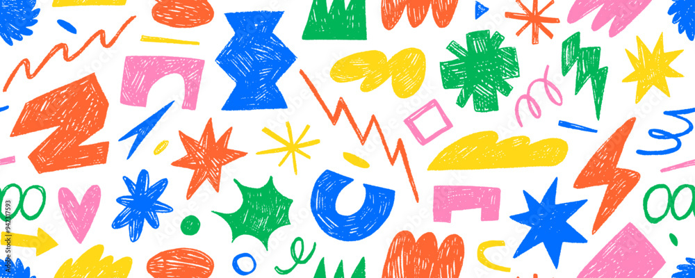 Poster Kid's style seamless pattern with grunge geometric shapes and squiggles. Color crayons drawn funky abstract geometric shapes. Hand drawn kid's style background with doodle stickers.