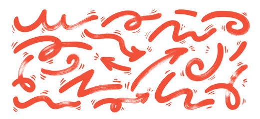 Various red sketchy doodle quirky arrows and emphasis thick lines. Freehand squiggled thick lines and arrows with motion elements. Vector ink illustration of doodle pointers and direction marks.