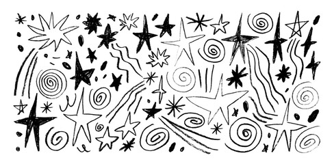 Collection of crayon drawn star shapes, comets, spirals and squiggles. Cosmic hand drawn childish icons. Doodle sketchy space shapes. Abstract pencil scribbles and squiggles, creative various stars.