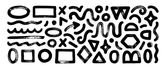 Collection of naive playful doodle shapes for collages. Grunge style geometric figures drawn with brush. Hand drawn squiggles, underlines, organic shapes and basic figures. Vector collage elements.
