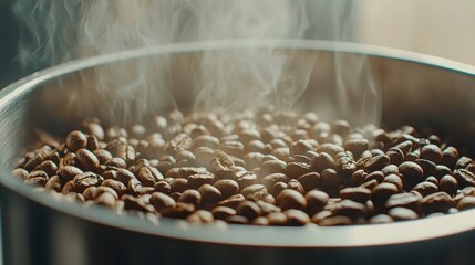 Obraz premium Freshly Roasted Coffee Beans Steaming in Bowl