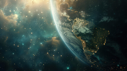 earth and stars space wallpapers, in the style of serenity and harmony, digital airbrushing, spacepunk, unearthly, firecore, pictorial space