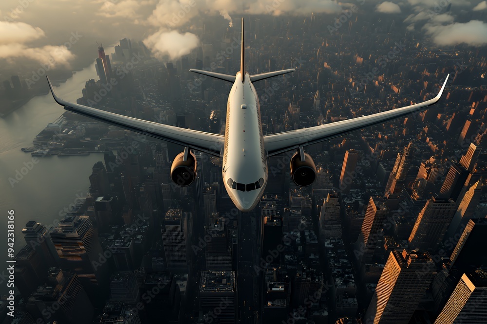 Poster aerial view of an airplane flying over a city skyline at sunset.