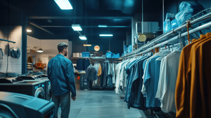 A man standing in a clothing store looking at clothes, AI