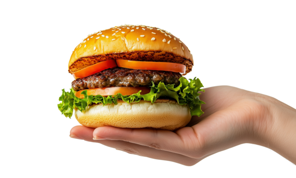 Hand Holding a burguer on White Background. transparent background, png  