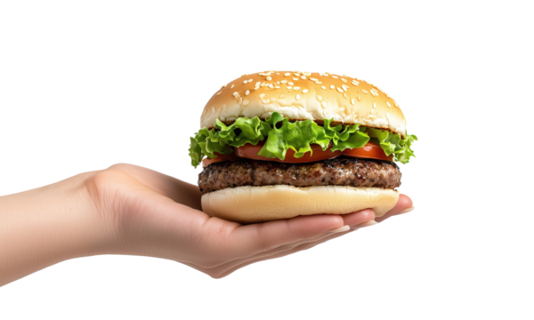 Hand Holding a burguer on White Background. transparent background, png  