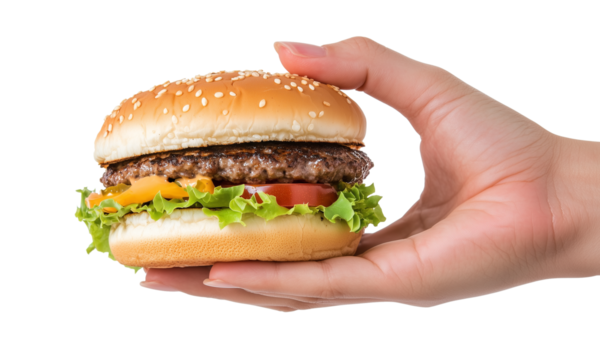 Hand Holding a burguer on White Background. transparent background, png   - Powered by Adobe