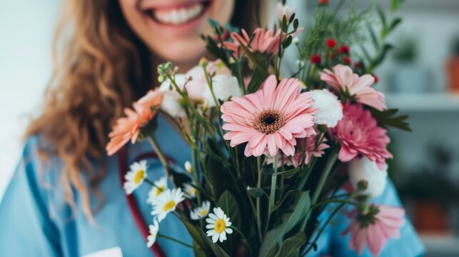 Joyful celebration of a medical professional receiving flowers for a promotion in the nursing field, showcasing a happy healthcare worker with a bouquet as a gift