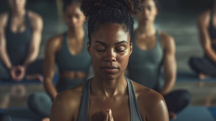 Fototapeta premium Variety of individuals engaged in meditation practice for mindfulness and spiritual growth in a studio setting. Focused on relaxation, deep breathing techniques, and stress relief